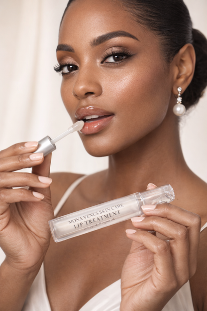 Woman holding a Mona Venus lip treatment product with a plain background